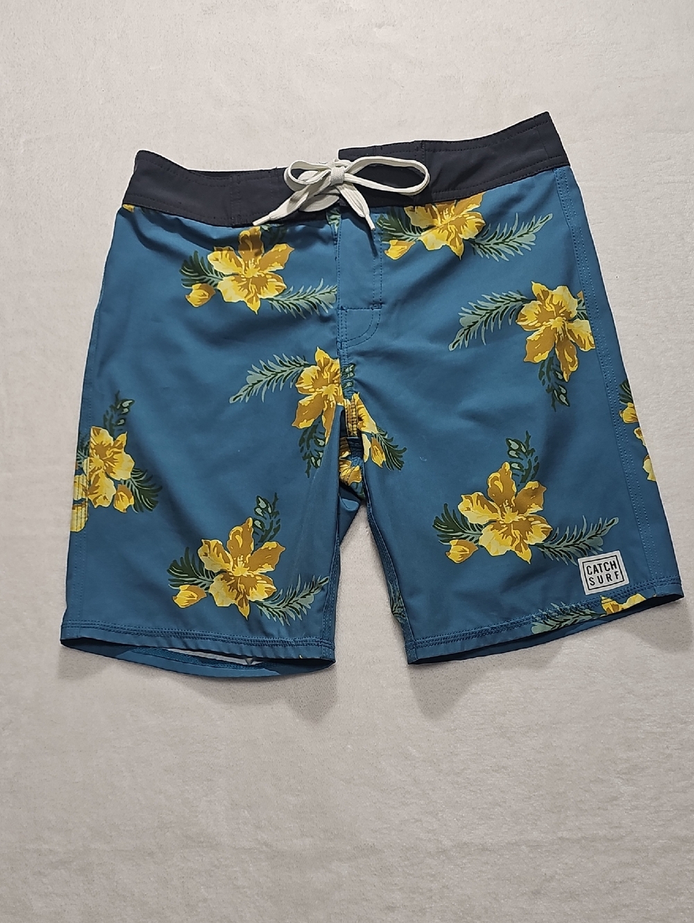 Catch Surf Mens Board Shorts Size 28 Teal Blue Yellow Hibiscus Floral Trunks